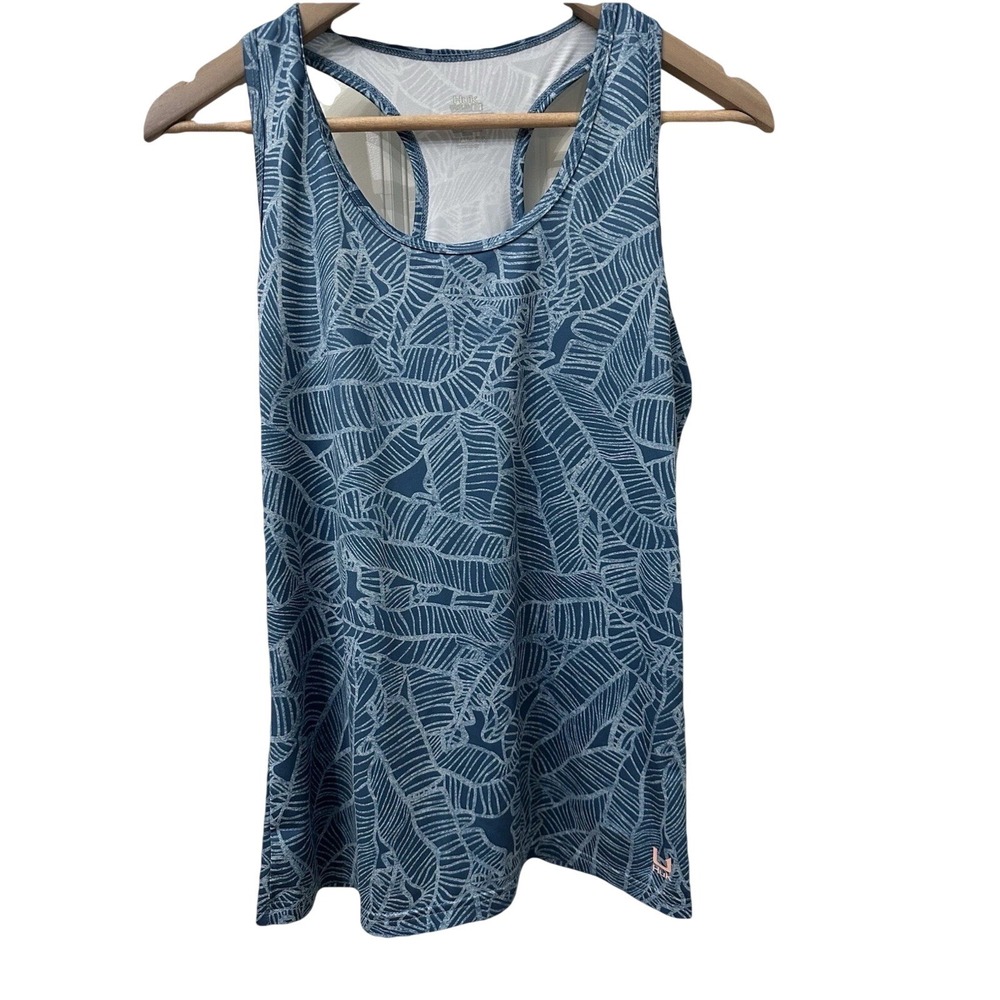 Huk Tank Top Size Medium Blue Tropical Palm Leaf Racerback Performance Fishing